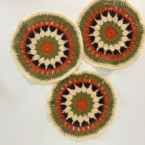 Vintage Crochet Chair Pads Set of 3 Round 70s Retro Boho Grannycore Decor - Picture 1 of 4